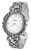 Blekon Collections - Orologio da donna al quarzo giapponese, cassa 35 mm, stile intricato, Argento, M, egiziano, elegante, concho