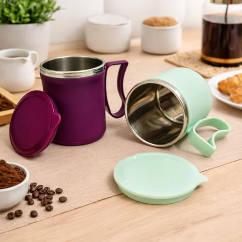 Image of Insulated Stainless Steel Coffee Mug with Lid, 300ml, Double Wall, Reusable Travel Mug for Home & Office (Purple - Pastel Green)