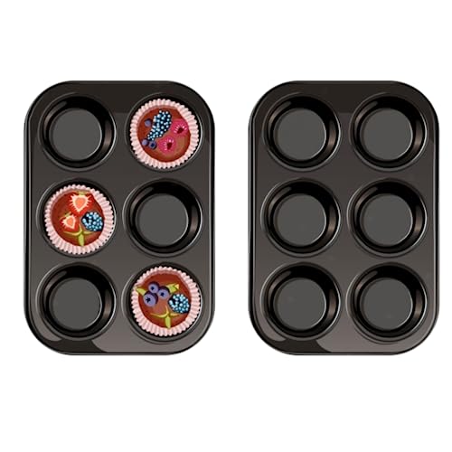 ProBytes 6 Cups Metal Muffin Tray/Mould - Aluminized Steel, Non-stick, BPA-free, Baking Tin, Dishwasher & Oven Safe, Dessert, Fairy cakes, Cup cakes, Brownies, Yorkshire Pudding, Freezing, Black 2 Pcs