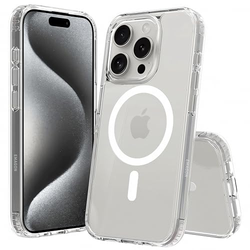 EMAGON CrystalShield Hülle für iPhone 15 Pro - durchsichtig kristallklar N52 Magnetring (kompatibel mit MagSafe) Anti-Vergilbung Kratzfest - Transparent