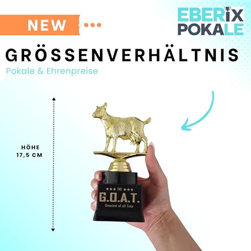 EBERiX POKALE – G.O.A.T. Pokal – Greatest of All Time *Black Edition* – 17,5 cm – Fun Award mit Gravur, beschwerter Kunststoffsockel – lustige Trophäe für Sport, Büro, Events & MVP´s