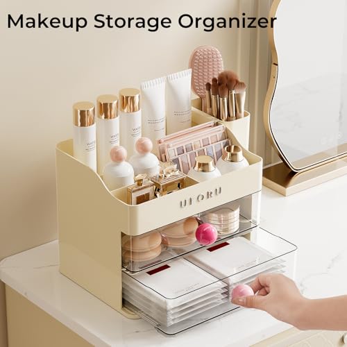 Image of UFORU Makeup Organizer for Vanity with Brush Holder, Countertop Skincare Organizer with 2 Drawers, Spacious Cosmetic Display Case for Perfumes, Eyeshadow Palettes, Nail Polishes