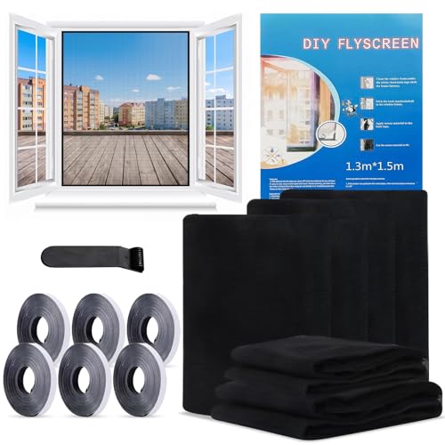 6 Piezas Mosquitera Ventana, 130 X 150cm Malla Mosquiteras De Ventanas Adhesiva Con 6 Rollos Cintas Autoadhesivas, Red Ajustable, Sin Taladrar Ni Atornillar (Negro)
