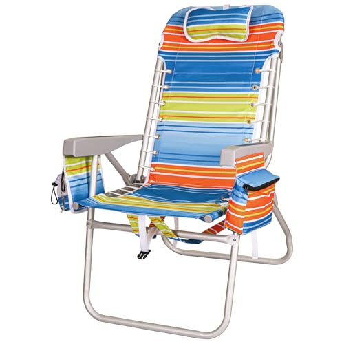 Kamglide High Beach Chairs for Adults 17in Tall Elevated Seating 5-Position Adjustable High Back Folding Backpack Beach Chair with Cooler Bag Cup Holder Phone Pocket & Towel Rack Colored Stripes