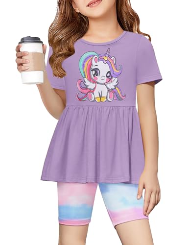 Image of Arshiner Girls Summer Outfits Short Sleeve Ruffle Hem Top and Biker Shorts Set Girl Clothes 4-15 Years