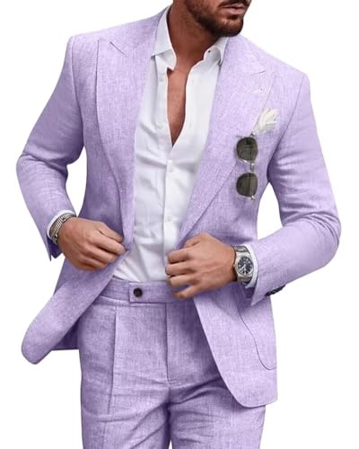 Mens Linen Suit 2 Piece Regular Fit Casual Linen Tuxedo Set Summer Beach Wedding Suits for Prom Party
