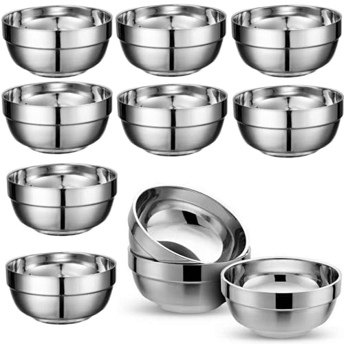 Zentriqlla 10 Pack 304 Stainless Steel Bowls, 12 Oz Double Walled Insulated Metal Serving Dishes for Soup, Ice Cream, Unbreakable Snacks Bowl, Durable, Dishwasher-Safe