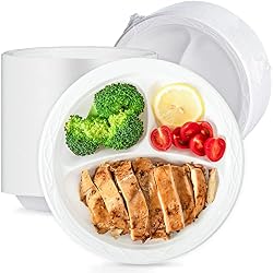 LEOBOX 150-Pack 9 Inch 3-Compartment Plates - Shrink Wrapped No Pre-Wash | BPA Free Plastic White Tray | Reusable & Heavy Duty | Microwave Dishwasher Freezer Safe for Thanksgiving, Party & Daily Meal