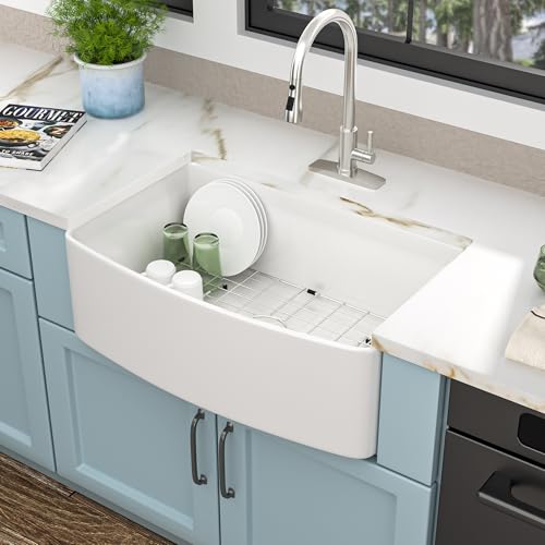 Fulorni 33"x19" White Farmhouse Kitchen Sink - Curved Farm Apron Front White Ceramic Porcelain Fireclay Deep Single Bowl Farm Style Basin