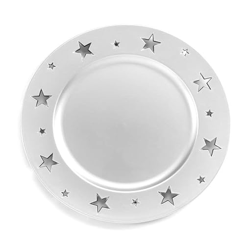 ROCKING GIFTS Plato Grande de Plástico Decorativo Plateado con Estrellas Navidad, Bajoplato Color Plata para Fiesta, Plato Fuente Decoración Navideña, Menaje de Mesa, 33 cm Cover