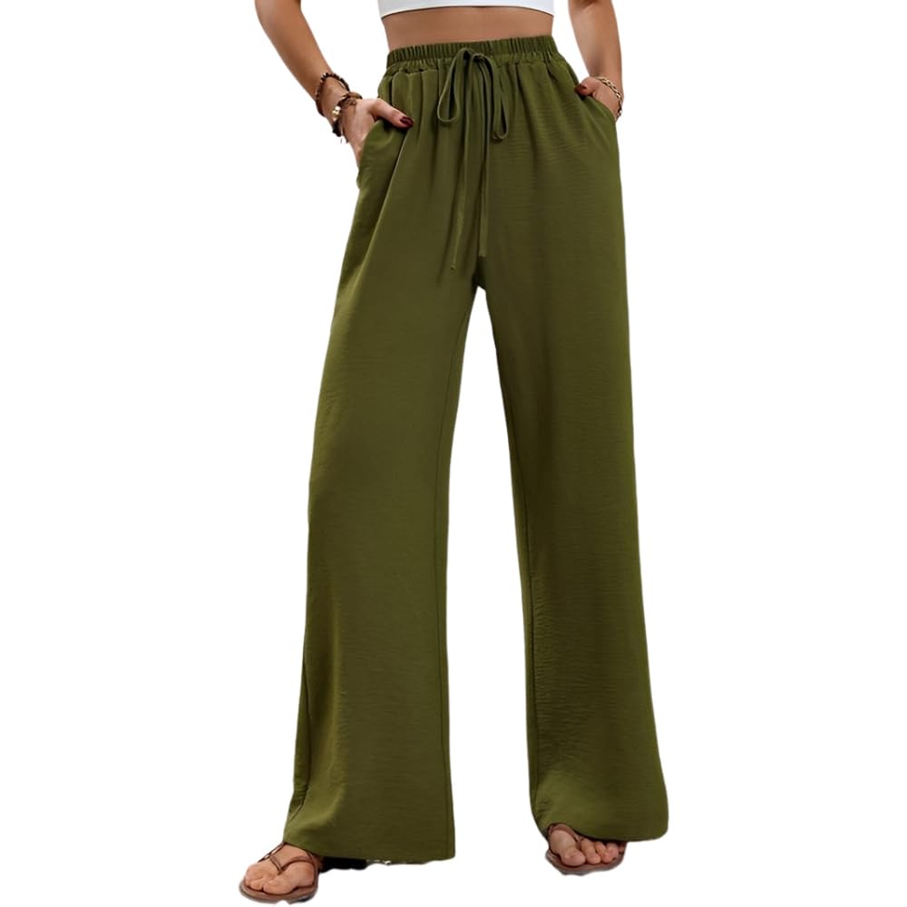 Womens Casual Elastic Waist Wide Leg Long Pants with Drawstring Spring Summer Stretchy Loose Trousers with Pockets Medium