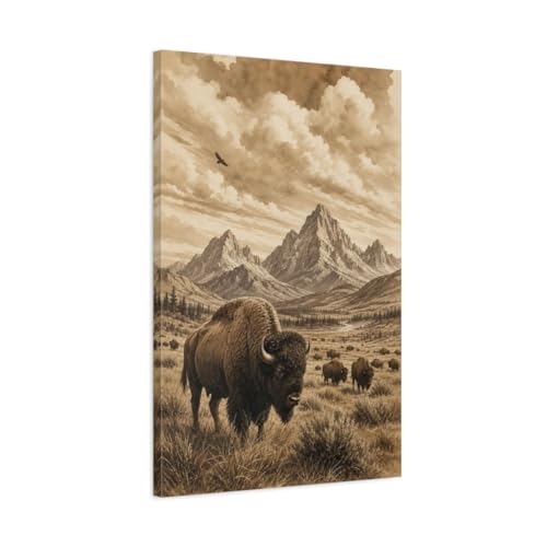 Toile bison dessin à l'encre sépia 50x75 cm décoration murale montagne