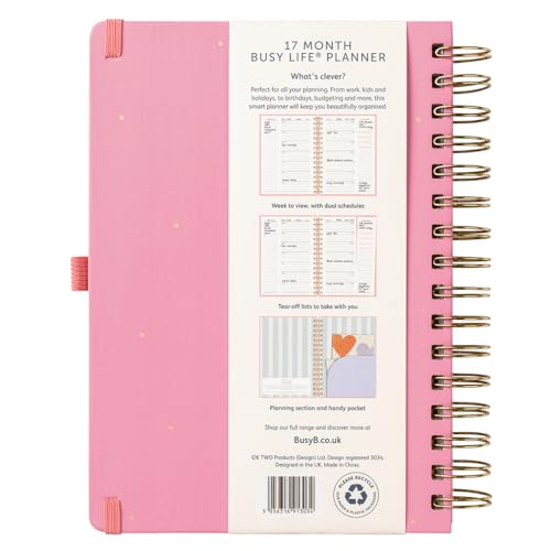 Busy B A5 Diary - Mid-Year 17 Month Busy Life Planner - Aug '25 - Dec '26 – Pink Cover – Week-to-View Academic Planner with Dual Schedules, Tear-off lists, Pen Loop, Storage Pocket & Elastic Closure - immagine 7