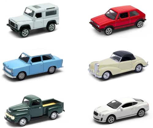 OPO 10 - Conjunto de 6 carros em miniatura, escala 1:64, 7,5 cm (3 polegadas), compatível com: Bentley, Mercedes, Ford, Land Rover, Volkswagen, Trabant - Welly LSUP7