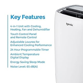 Igenix IG9919 9000 BTU 4-in-1 Portable Air Conditioner, Cooling, Fan, Dehumidifier & Heating Functions, 24 Hour Timer, Remote Control & Window Venting Kit Included