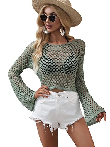 Image of Women Crochet Hollow Out Sweater See Through Fishnet Knit Pullover Cropped Tops