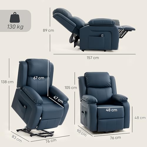 HOMCOM Sillón Relax Eléctrico Reclinable Levanta Personas, Sillón Elevador, con Respaldo Alto, Control Remoto, Reposapiés, Acolchado Grueso, Tapizado en PU, Bolsillos Laterales, Azul Oscuro - imagen 3