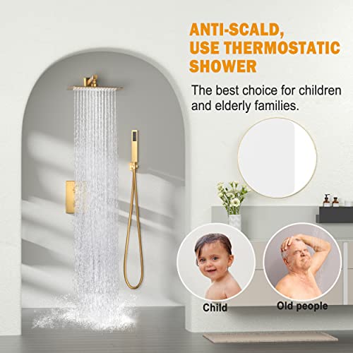 Gabrylly Thermostatic Shower System,Shower Faucet Set Complete For Bathroom,Rain Shower Head With Handheld Sprayer Set,Shower Valve With Trim And Diverter,Brushed Gold #TOP1