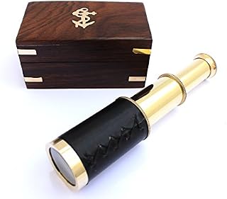 6" Nautical Handheld Pirate Brass Telescope with Anchor on Wooden Box, Sailor Home