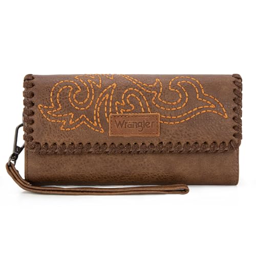 X Wrangler Wallet Women Embroidery Wallet Wristlet for Women Wallets, Card Cases & Money Organizers Large Capacity Trifold Clutch Phone Credit Card Wallets Ladies Female with RFID Linning Coffee