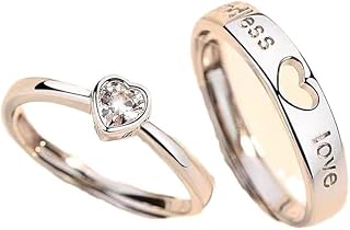 Couple Rings for Women and Men, Fixed Size Open Heart Shape Promise Rings with Cubic Zirconia, Matching Love Bands for Long Distance Relationship