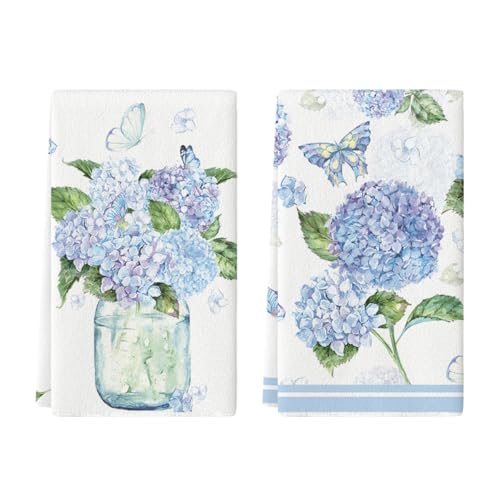 Image of Artoid Mode Hydrangea Vase Flowers Spring Kitchen Towels Dish Towels, 42x65 cm Seasonal Polyester Decoration Hand Towels Set of 2