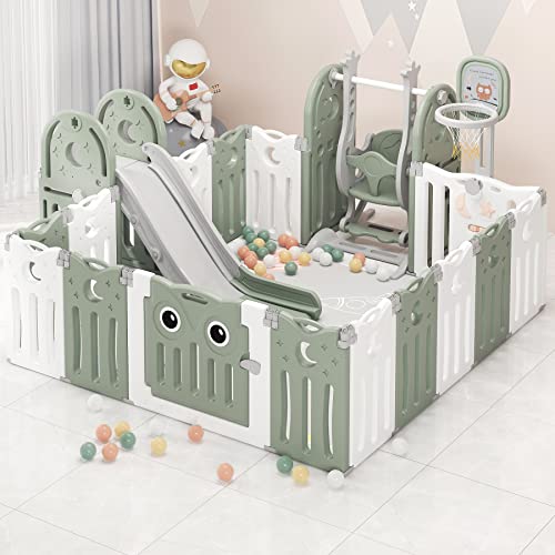 KecDuey Laufgitter Laufstall KinderAbsperrgitter 16-Paneele Schutzgitter mit Schaukel, Kinderrutsche und Basketballkorb (Grün) Cover