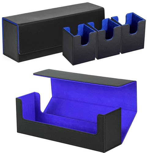 TATAFUN Scatola portaoggetti per carte da collezione, scatola magnetica in pelle PU, ogni scatola con divisori, può contenere oltre 100 set di carte (nero e blu)
