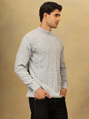 Image of Kvetoo Men's High Neck Cable Knit Sweater | Winter Pullover | Warm Wool Blend |Casual Full Sleeve Sweater for Men | Stylish Ribbed Neck Slim Fit Winterwear