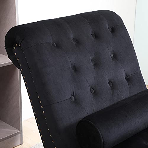Paddie Velvet Button-Tufted Chaise Lounge Chair Indoor Leisure Sofa Couch w/Bolster Pillow, Nailhead Trim and Turned Legs for Indoor Living Room (Black)