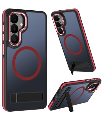 MAKAVO Magnetic for Samsung Galaxy S26 Case with Stand, Compatible with MagSafe, Slim Translucent Matte Military-Grade Drop Protection Phone Cover, Red