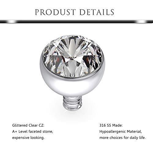 Hoeudjo 18PCS 14G Grade 23 Titanium Dermal Anchor Tops Internally Threaded Clear Gem for Women Men, Mixsize Top 2mm/3mm/4mm2