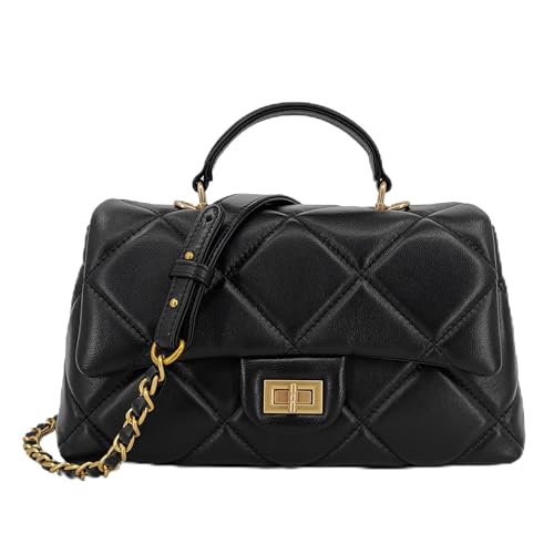 Quilted Leather Crossbody Bags for Women w/Detachable Gold Chain Strap, Designer Top Handle Bag, Shoulder Flap Purse