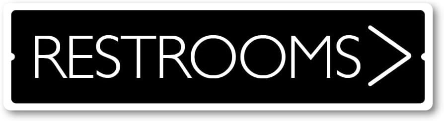 GRX1487 Indoor/Outdoor Plastic Sign LARGE 24 in x 6 in: RESTROOMS. ARROW RIGHT (black/white) Style 2