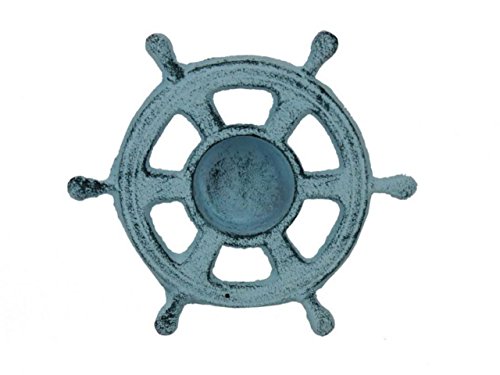 Hampton Nautical Cast Iron Ship Wheel Decorative Tea Light Holder, 5", Dark Blue/Whitewashed