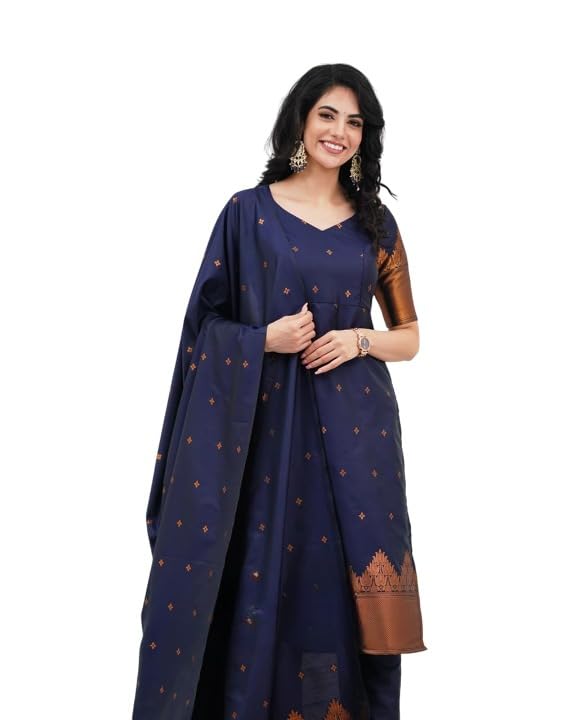 shreeaanta Women's Blended Silk With Zari Work Salwar Suits V Neck 3/4th Sleeves Straight Salwar Suit Dupatta Set || Comfortable Outfit For Wedding-picture-35