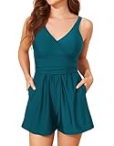 Smismivo Plus Size Swim Rompers for Women Tummy Control Swimsuits with Shorts Modest One Piece Slimming Long Torso Bathing Suits with Built in Bra and Pockets Full Coverage V Neck Swimwear 2025