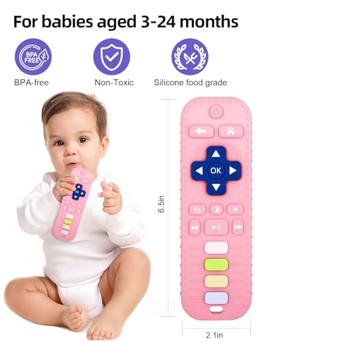 Image of Chuya Baby Teether TV Remote Control Shape Teething Toys for Babies 3 6 9 12 18 24 Months for Infants Teething Relief Black+Pink