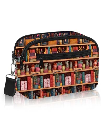 Bookshelf Small Crossbody Bags for Women Lightweight Travel Purse Mini Cross body Purse with Dual Zipper Adjustable Strap for Daily Outdoor Shopping