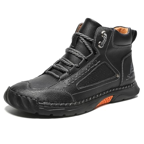 NXNBHSL Mens Orthopedic Comfortable Handmade Boots Casual Mid Top Walking Driving Shoes Waterproof Arch Support Spacious Toe Box Outdoor Leather Shoes (Black,12.5)