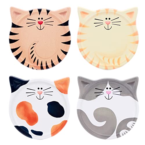Cisolen 4 Stück Katze Cartoons Keramik Untersetzer Saugfähiger Getränkeuntersetzer mit Korkboden Cartoons für Tassen Becher Wohnzimmerdekoration Cover