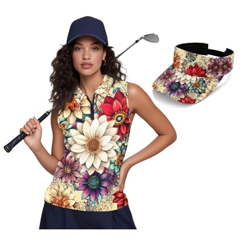Dserfgiu Boho Golf Polo Shirt and Sun Visor Floral Women's