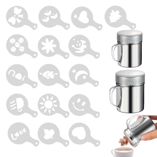 PIMXL 2 Piezas Espolvoreador Cacao de Acero Inoxidable - Shaker de Cacao Set de 16 Plantillas de Café Capuchino Barista Café, Cacao en Polvo para Tostar Café Canela Sal Pimienta