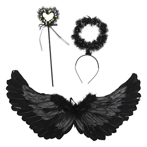 Alas de Ángel Negras GLEAVI con Diadema de Plumas Ligeras para Disfraz Infantil