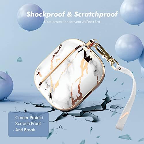 Cover for AirPod 3rd Case Full Body Protective, URZQOQ AirPod 3 Case with Golden Bright Streaks Stylish [Anti-Fading] Shockproof Anti-Scratch AirPods 3rd Generation Case with Clip Lanyard (Marble)