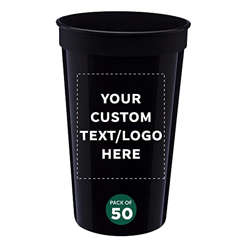 DISCOUNT PROMOS Custom Large Plastic Stadium Cups 22 oz. Set of 50, Personalized Bulk Pack - Perfect for Birthdays, Picnic, Beach, Parties - Black