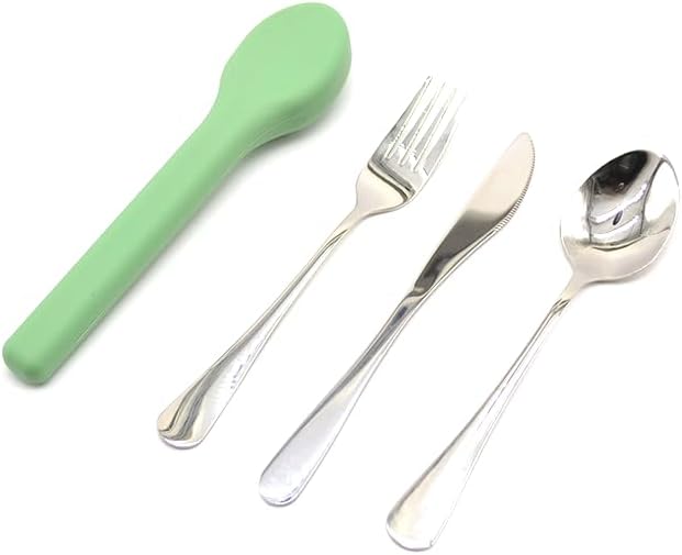 Portable Silverware Utensils Set with Silicon Case (Olive Green), 3 pcs Stainless Steel Cutlery Set (Fork Spoon Knife) For Camping School Picnic Office Travel