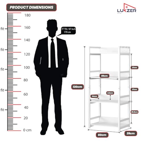 Image of Lukzer 4 Layer Multipurpose Storage Rack - Heavy Duty Metal & Wood Kitchen Organizer | Space Saving Microwave Oven Stand for Modular Kitchen, Living Room, Bedroom & Office (MKR-004 /White)