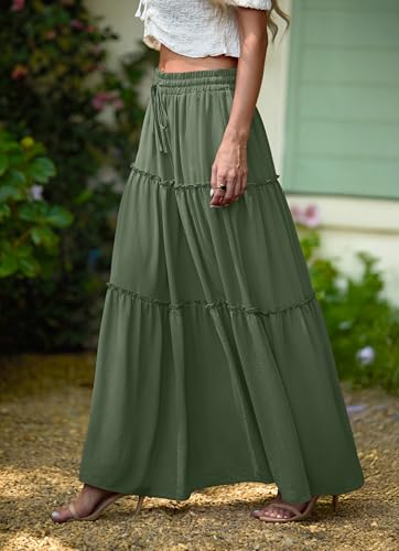 Image of Lepunuo Womens Casual Boho High Waisted Flowy Maxi Skirts Tiered Floral Long Skirts with Pockets for Summer Beach Vacation