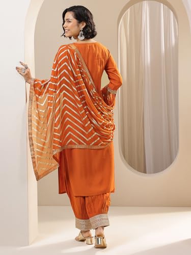 Image of Libas Embroidered Silk Blend Straight Kurta with Salwar and Dupatta